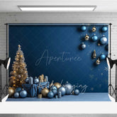 Aperturee - Aperturee Modern Christmas Photography Backdrop Blue and Gold Ornaments with Gifts Minimalist Holiday Studio Photo Prop
